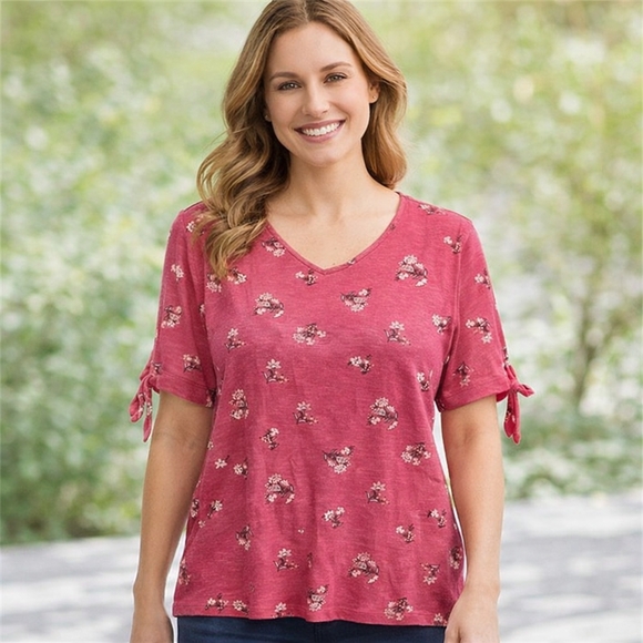 croft & barrow Tops - Croft & Barrow V-Back Floral Blouse with Tie Near Elbow Sleeve Size XL